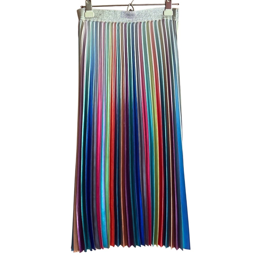 WHY Dress Rainbow Pleated Midi Skirt Metallic Multi Color Striped M, dopamine
